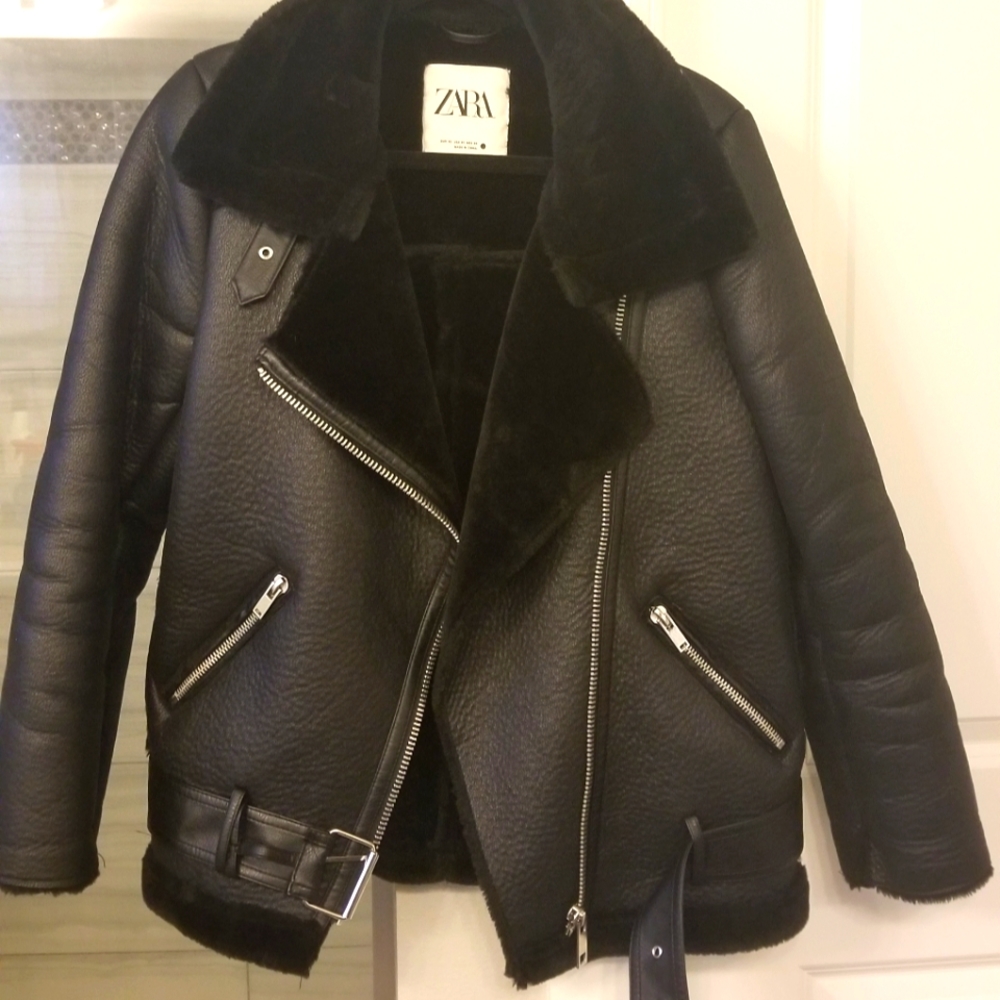 Zara women xs black faux leather aviator jacket oversized